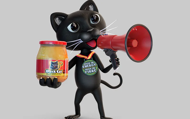 The Black Cat mascot holding peanut butter and a red megaphone