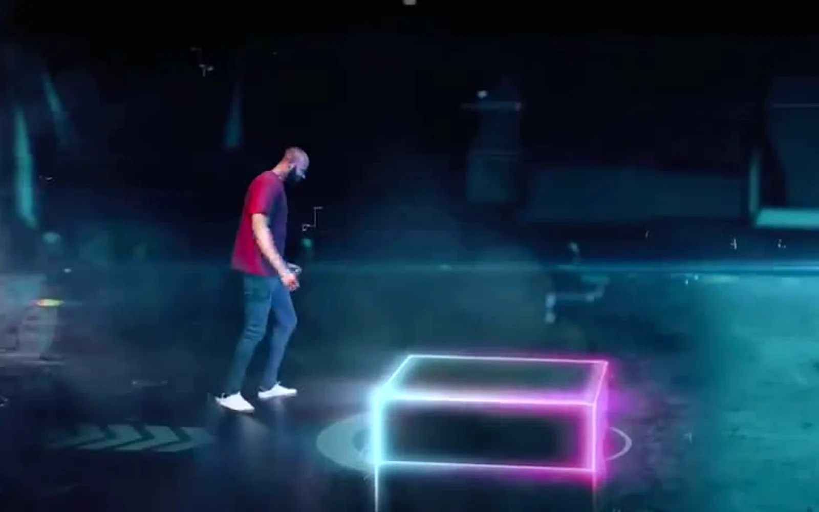 A man approaching a glowing neon step in the DStv Step Up campaign