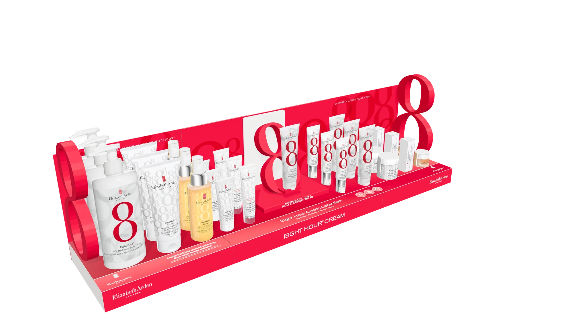 Red Eight Hour retail display, with sculptural 8s, a central cleanser tester and rows of products.