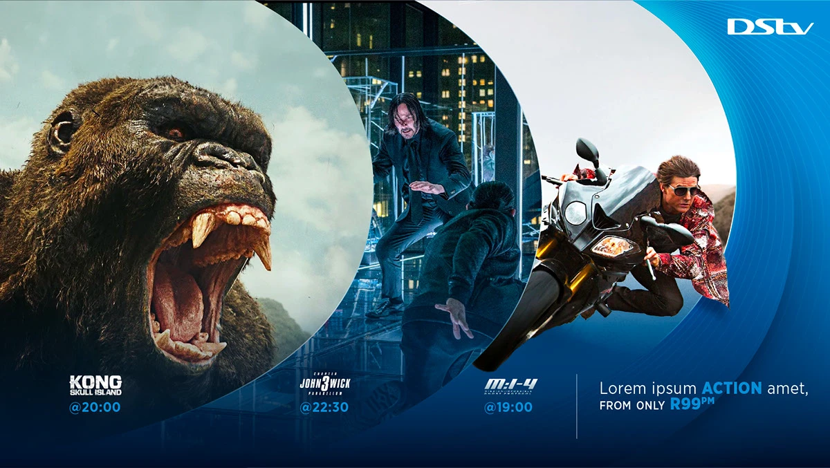DStv identity pitch — dStv pitch composition framing three action titles inside the D device