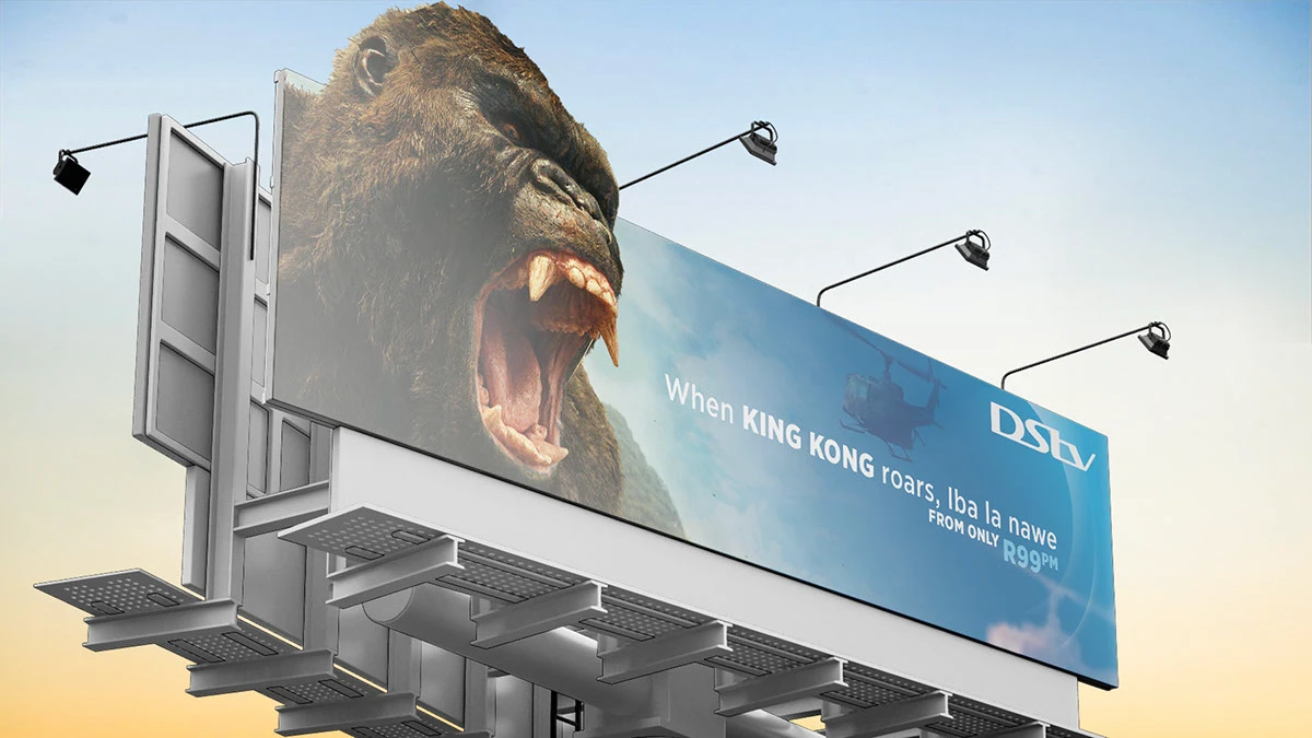 DStv identity pitch — dStv dimensional billboard mockup featuring Kong