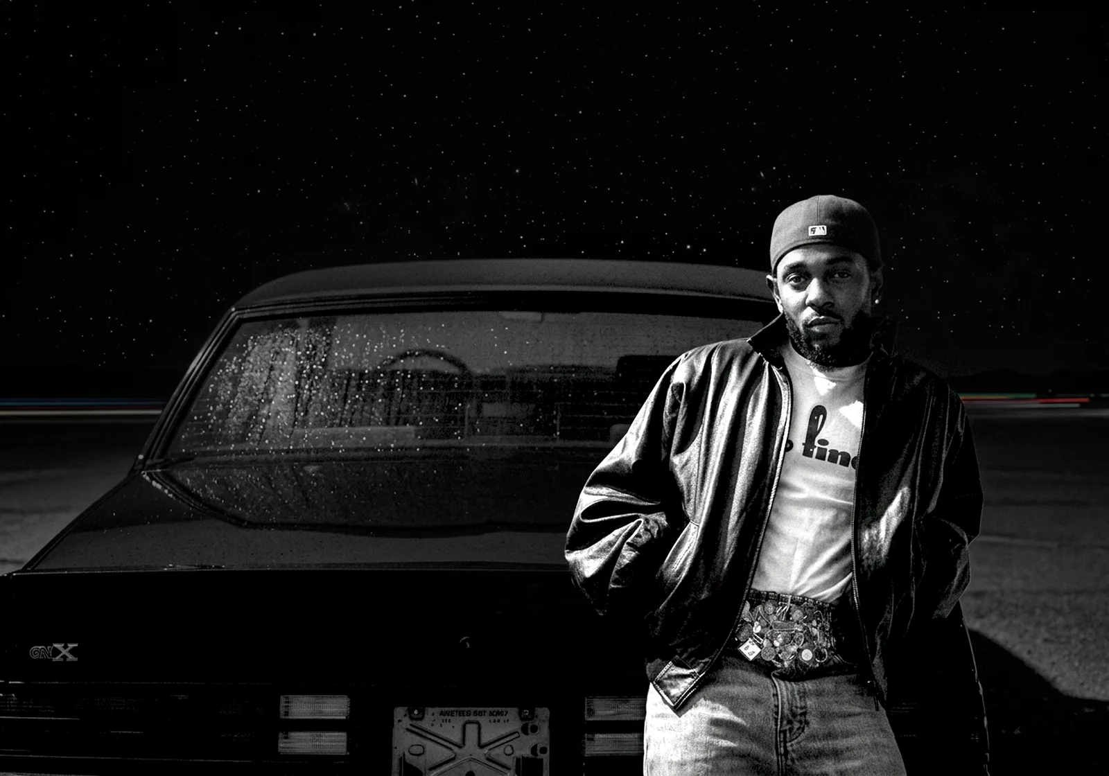 Hey Neighbour thumbnail: a black-and-white portrait of a man beside a car at night