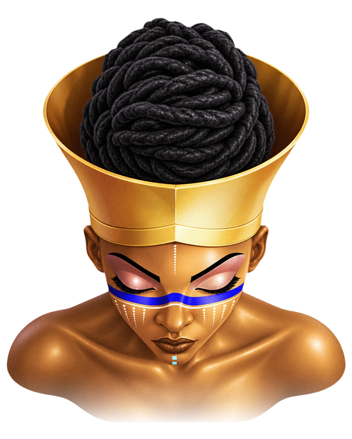 Gold queen with a crown and closed eyes